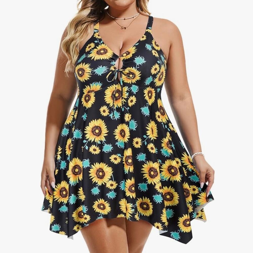 Hanna Nikole Womens Swimsuit Dress Sunflower Print Asymmetrical Hem Blue Yellow - Picture 13 of 16